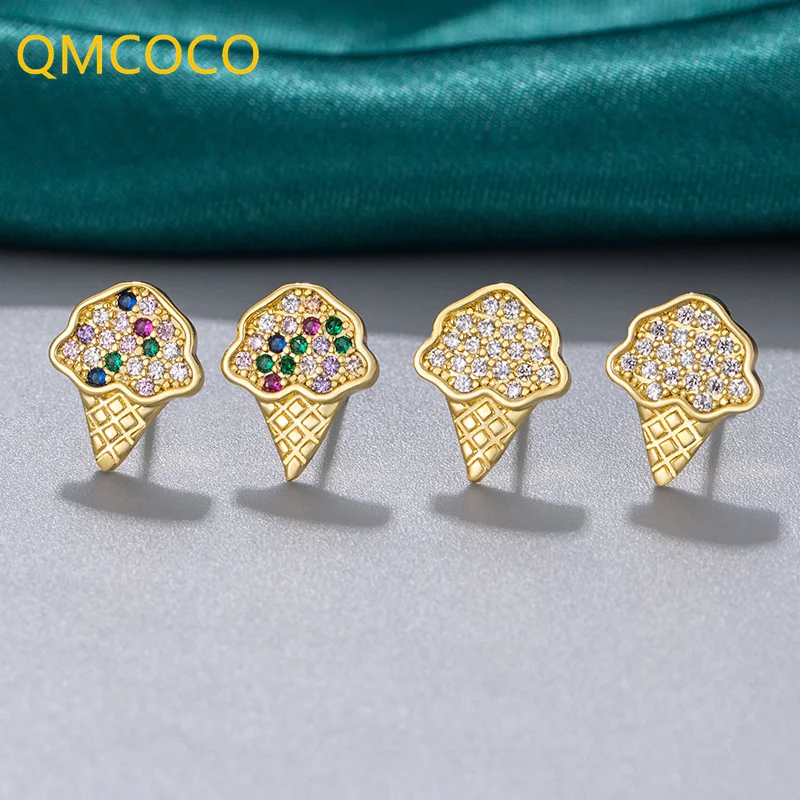 

QMCOCO Korean 925 Silver Simple Fashion Ear Personality Creative Design Ice Cream Zircon Earstud For Girls Cute Fine Ear Jewelry