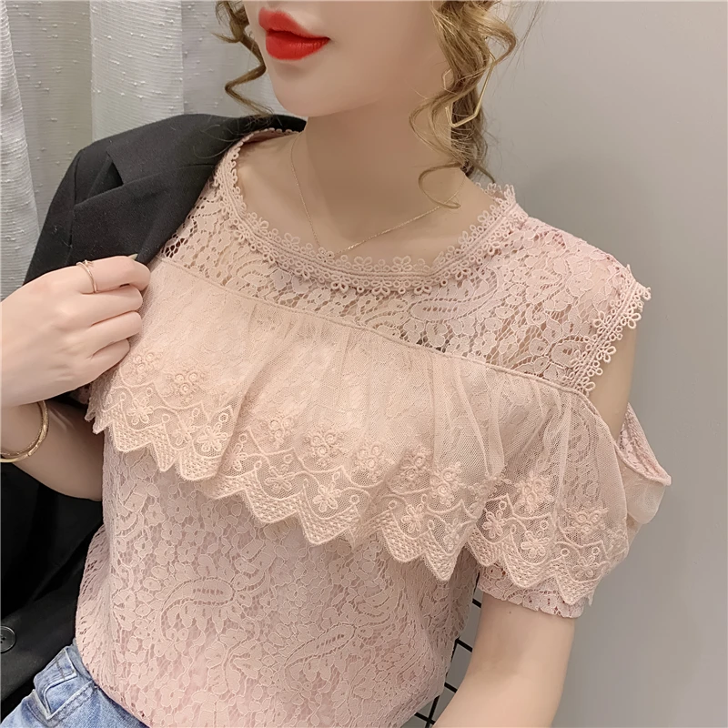 

Blusa Mujer Lace Summer Fashion stitching Ruffle off shoulder hollowed out crew Neck Short Sleeve Shirt Lace Shirt Women's 614b