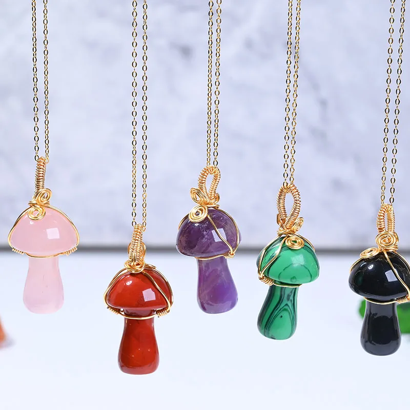 

Gold Copper Wire Wrapped Natural Mushroom stone Necklace for Women Simple Cute Charm Necklace Jewelry Gift