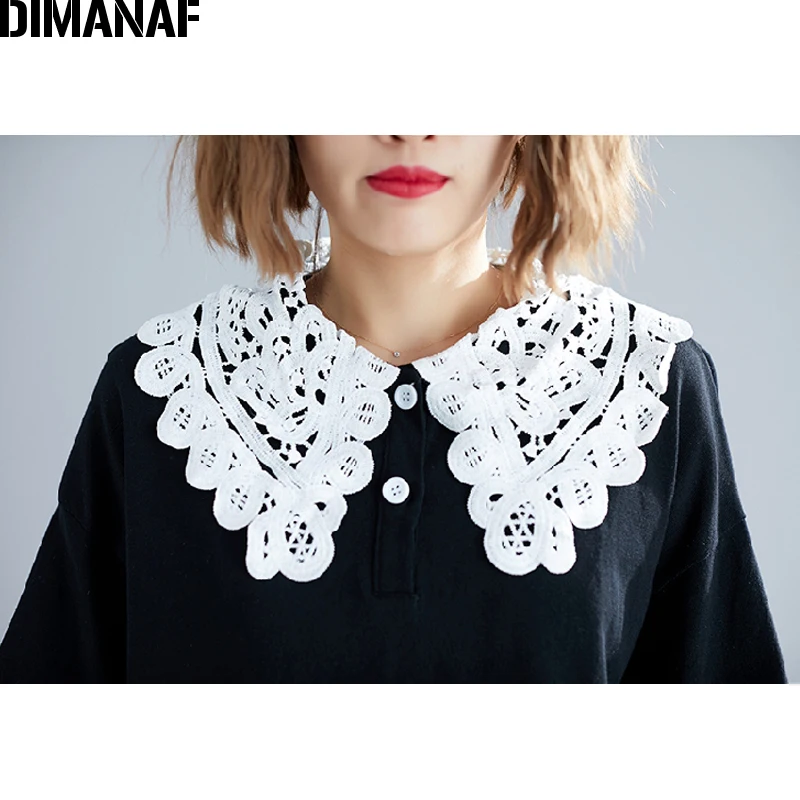 

DIMANAF Summer Plus Size Women Blouse Shirt Lace Elegant Office Lady Tops Casual Loose Long Sleeve Oversize Sundress Solid Black