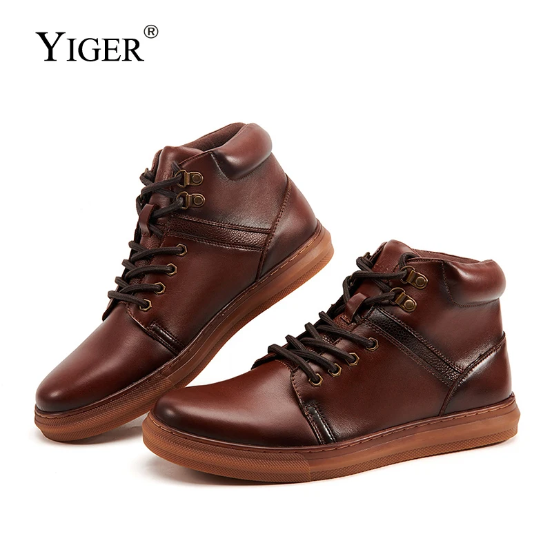 

YIGER Men's Ankle Boots Man Martins Boots Male Casual Cowhide Boots Autumn and winter Genuine Leather boots Men's snow boots