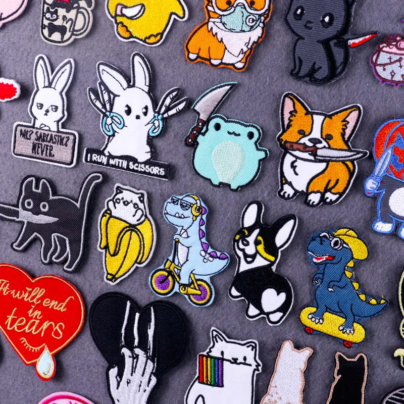 

Мультяшный динозавр, нашивка с котом, Кроликом, аппликация, вышитые нашивки для одежды, наклейки, хиппи, нашивки для одежды, швейные значки