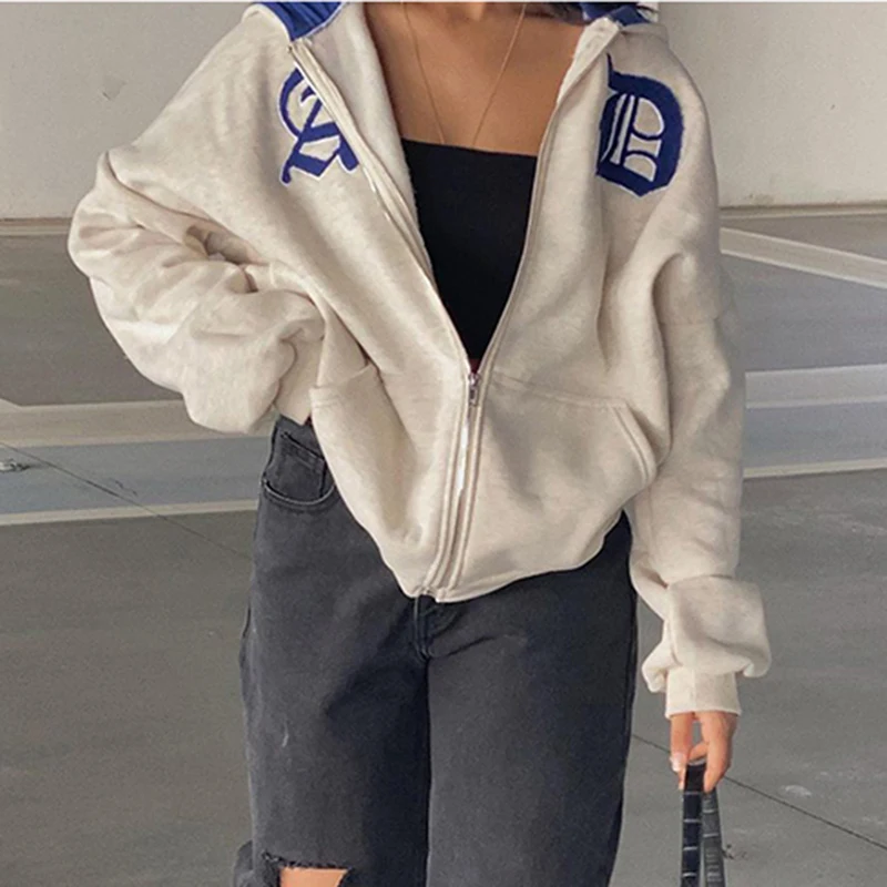 

Women Hip Hop Streetwear Hoodies jacket Gothic letter Print Coat Harajuku Y2k aesthetic vintage grunge Punk E-girl Jacket Zip-up