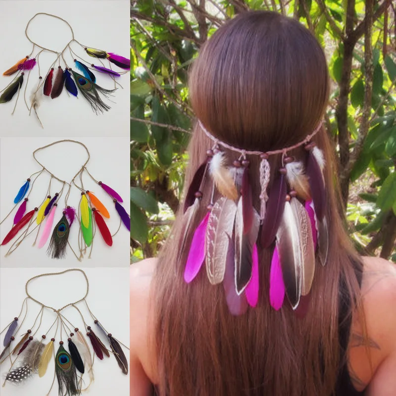 

European and American Bohemian Peacock Feather Headband Hippie Ethnic Hair Ornaments Indian Tassel Headdress Hair 2021 New Style
