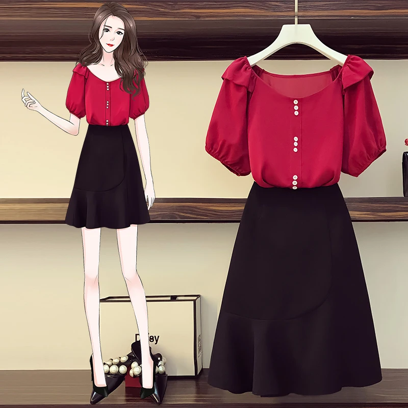 

Large women's 2021 summer new fat sister slim age reduction chiffon shirt skirt two piece set