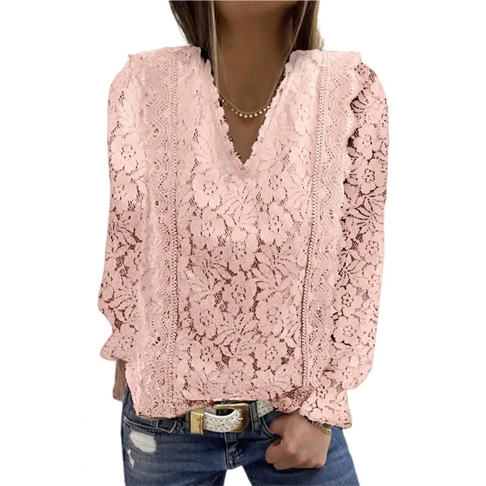 

Sweet Ladies Shirt Solid Color V Neck Lantern Sleeve Spring Blouse Hollow Out Elegant Women Casual Shirt 2021