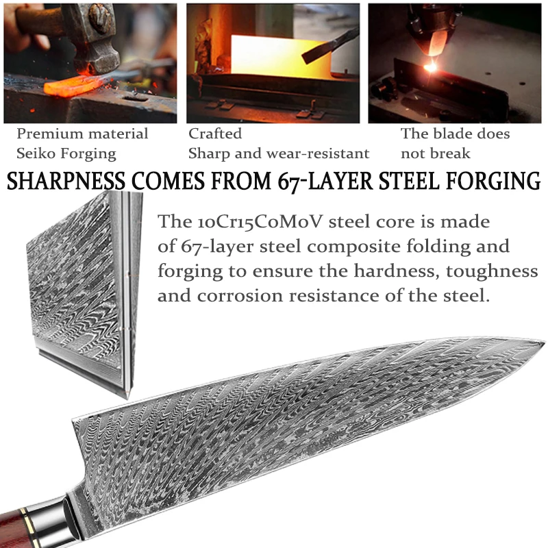 

JUNSHENG Damascus Kitchen Chef's Knife 8-inch Professional Japanese Table Knife Red Rosewood Wooden Handle Slicing Knife Gift