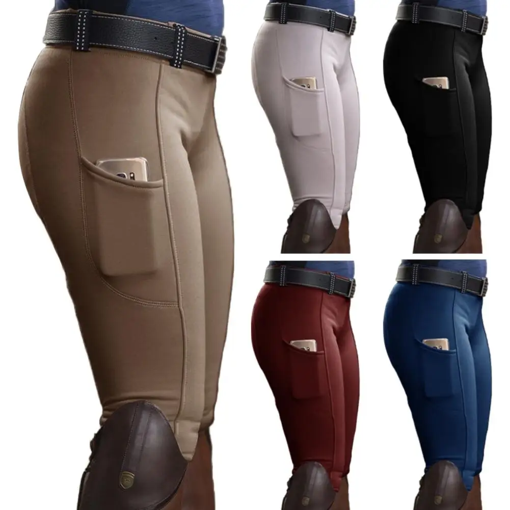 

Women Solid Color Pocket Hip Lift Elastic Equestrian Pants Horse Racing Trousers Straight Slim-Fit Trousers