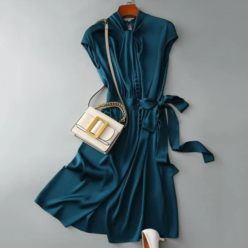 

Sister Fara Elegant Lace Up Satin Women's Dress 2021 Summer Scarf Collar Short Sleeve Dress Ladies Solid Knee-Length Dresses
