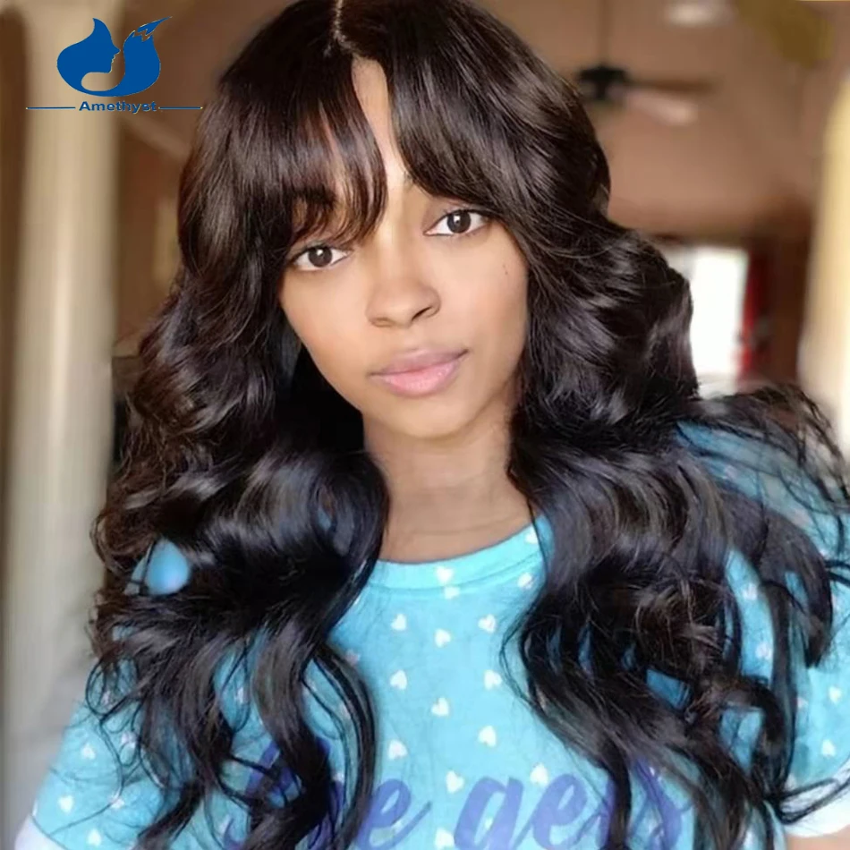 

Парик из человеческих волос с аметистом, волнистые волосы с челкой, бразильские волосы без клея для темных женщин