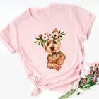 Футболка женская летняя розовая с принтом в виде собаки йоркширского терьера и цветов