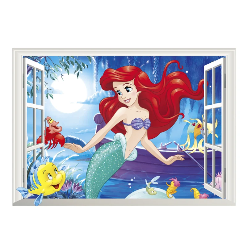 Принцесса-Русалочка Ариэль 3d Наклейка на стену в виде окна для украшения дома