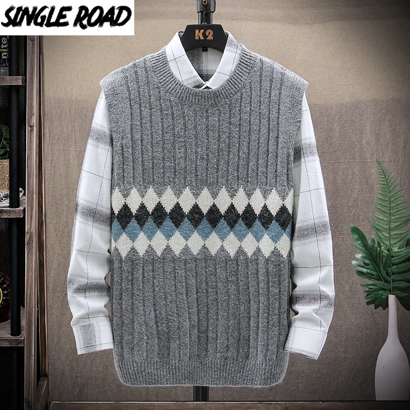 

Single Road Mens Knitted Sweater Vest Men Vintage Patchwork Sleeveless Jumper Sweaters Harajuku Korean Style Grey Sweater Men