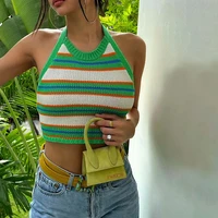2021 summer knitted halter neck crop top women blue sexy backless off shoulder casual sleeveless tank tops