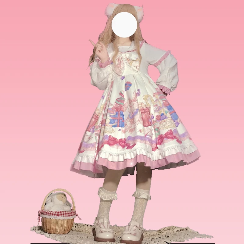 

Spring 2021 Kawaii Lolita Dress Women Sweet Cute Girl High Waist Vintage Print Long Sleeve OP Dress Tea Party Daily Wear Lolita