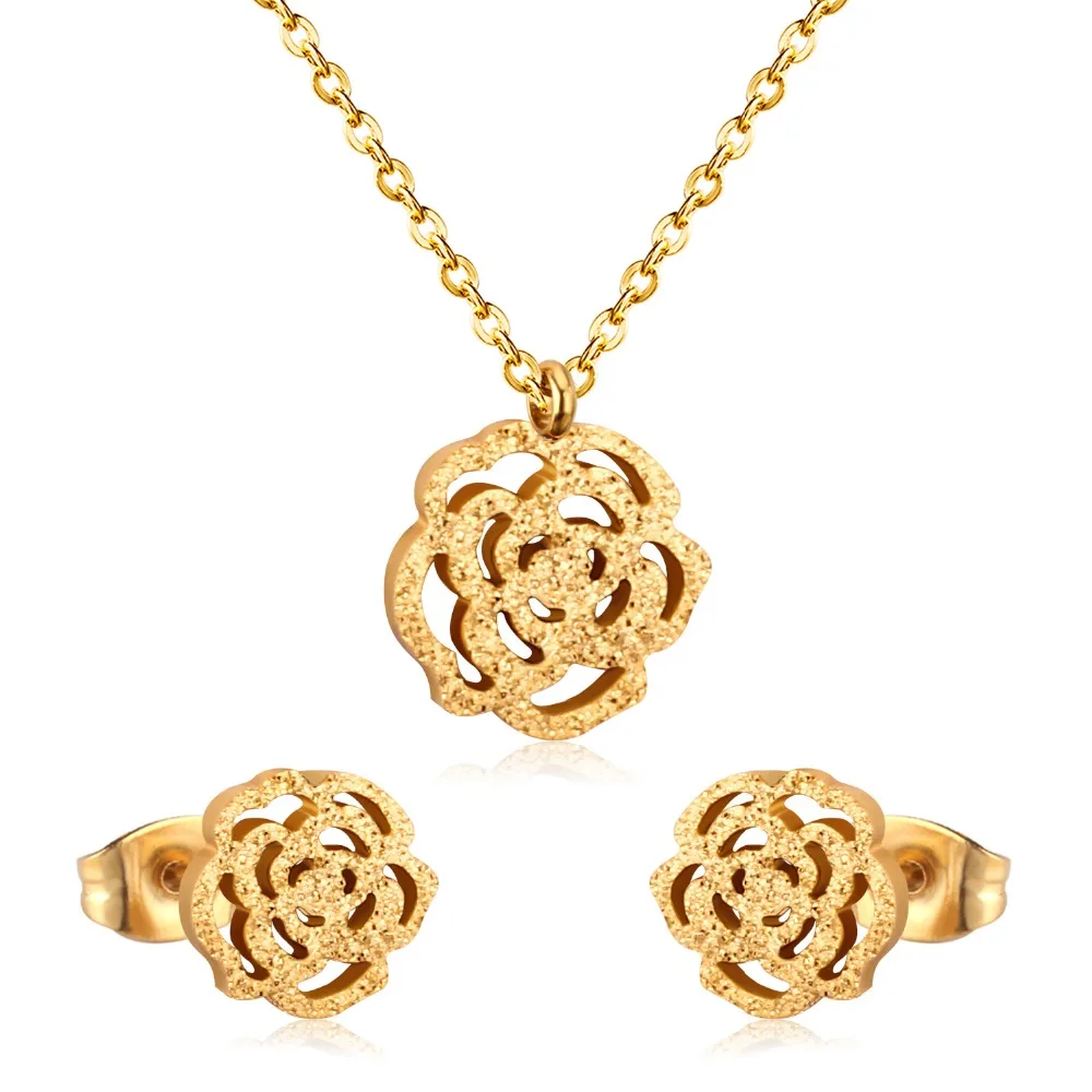 ASONSTEEL Bridal Jewelry Sets Stainless Steel Gold/Silver Color Romantic Flower Shape Pendants Charm Chain Necklace Earring Sets