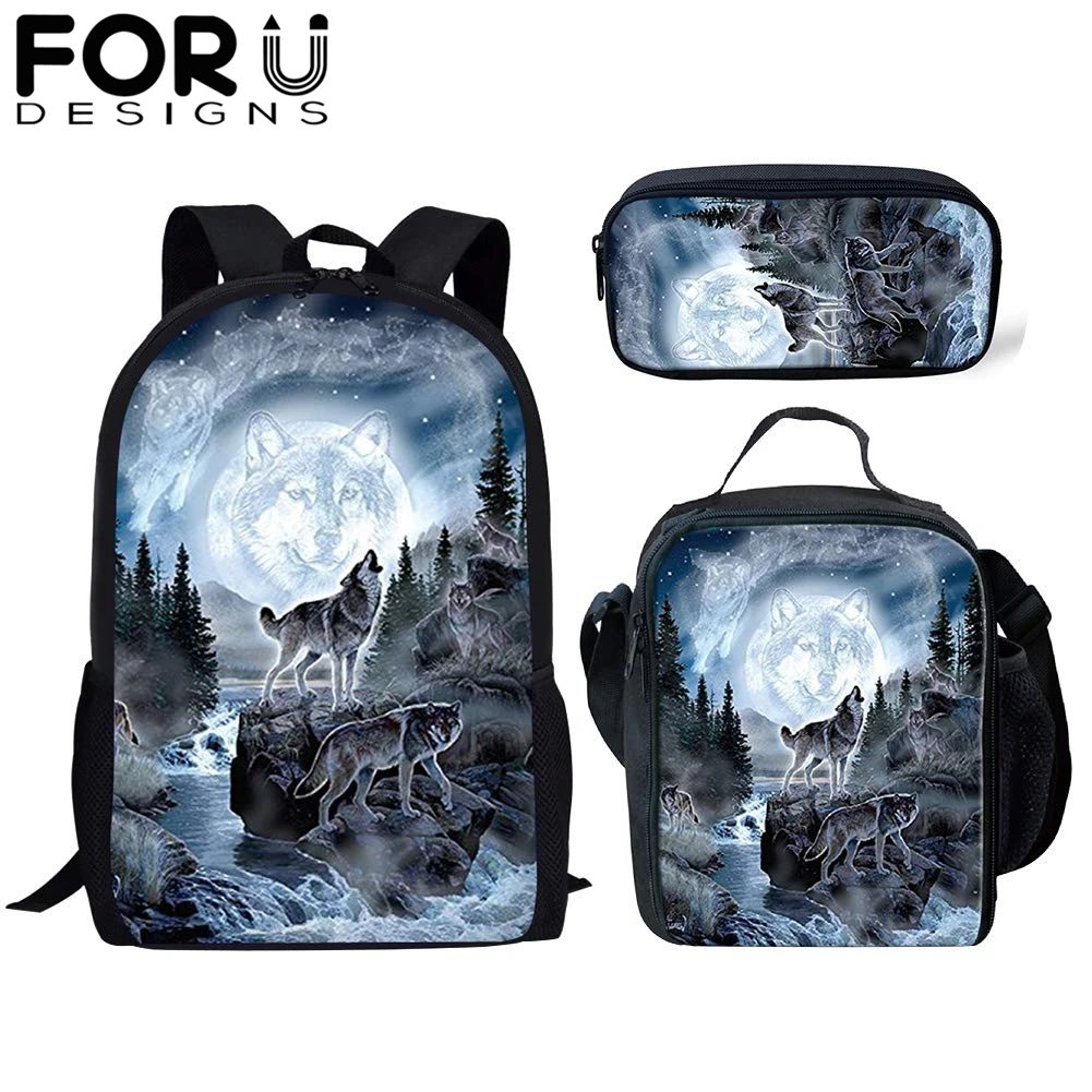 FORUDESIGNS/комплект из 3 предметов; школьные сумки с изображением волка для детей; школьные рюкзаки для девочек; рюкзак на плечо для мальчиков; детская сумка для книг; рюкзак