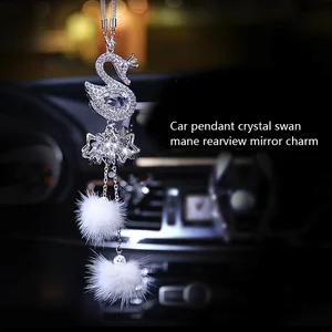 fashion car pendant diamond crystal fur ball swan element decor automobile rearview mirror car hanging ornaments accessories free global shipping
