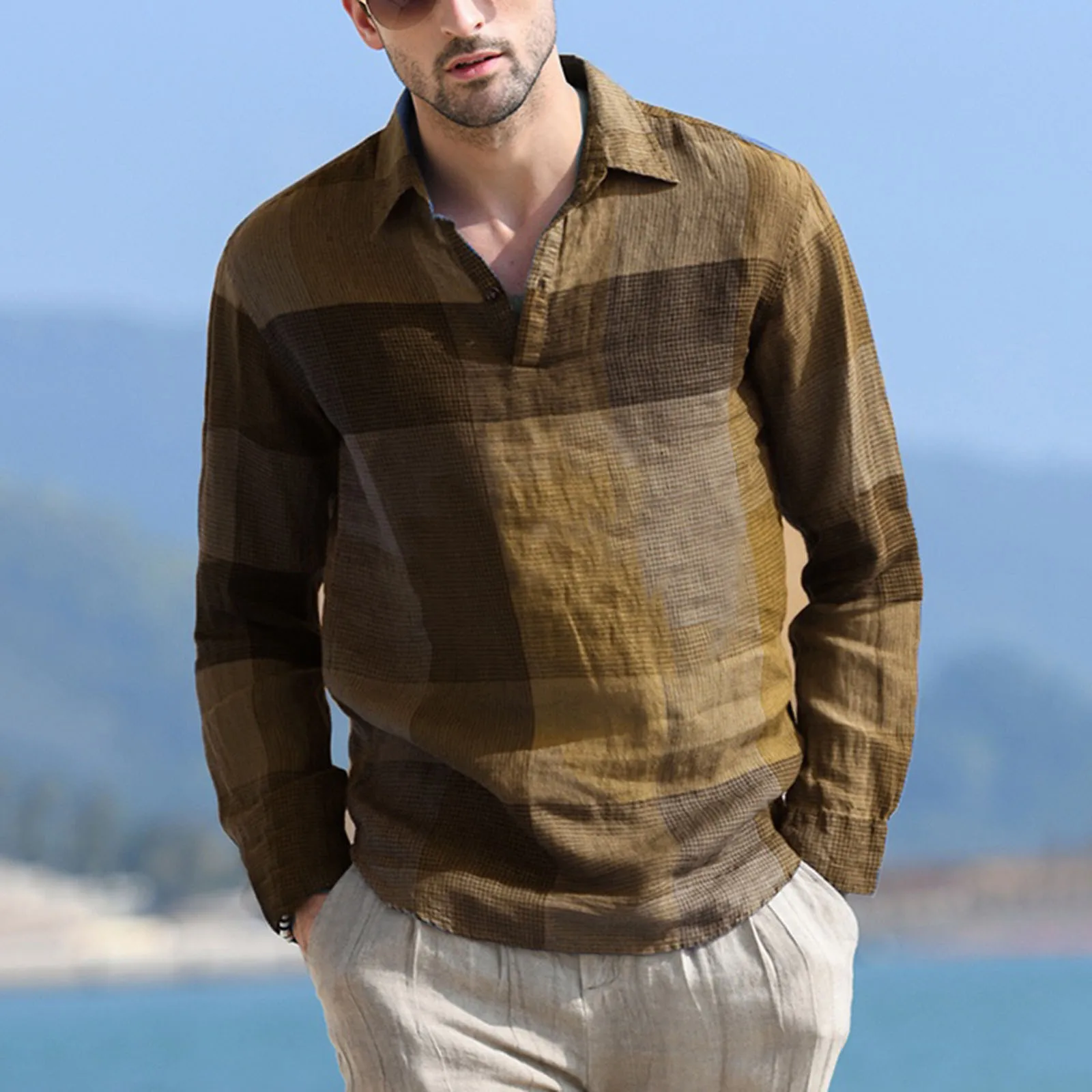 

2020 New Mens Spring Summer Casual Shirt Long Sleeve Cotton Linen Shirts Men Loose Collar Button Shirt Chemise Homme Blouse