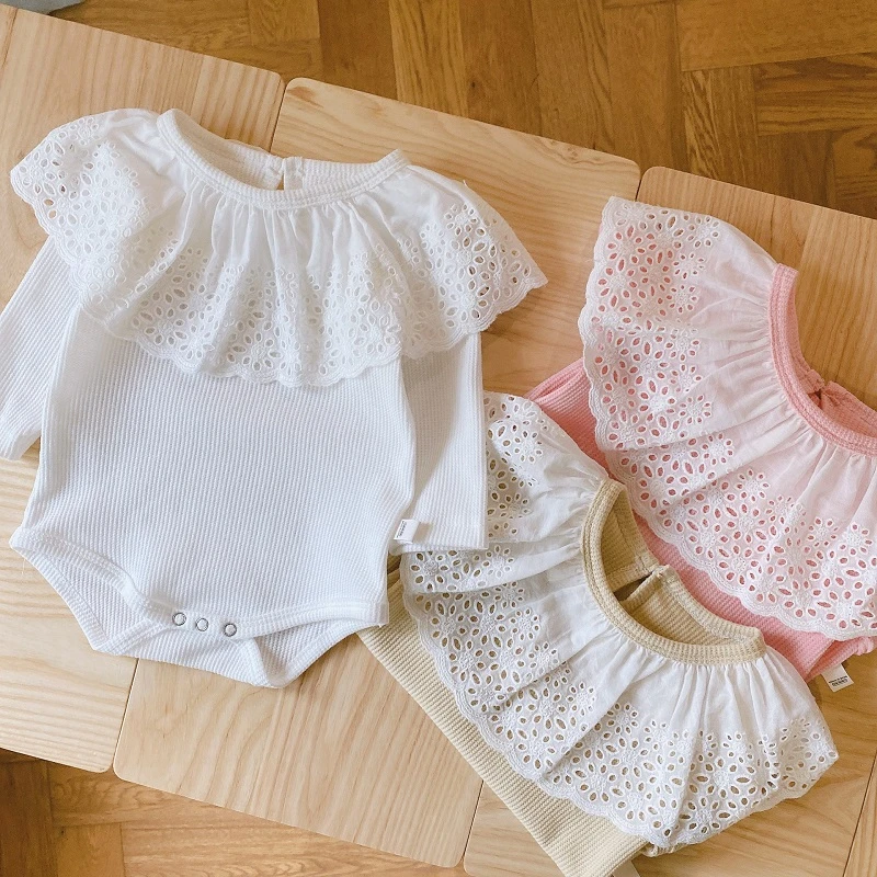 Детский хлопковый комбинезон с кружевным воротником и оборками|Ромперы| |