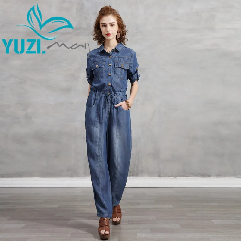 Jumpsuit Women 2021 Yuzi.may Boho New Denim Woman Bodysuit Turn-down Collar Single Breated Half Sleeve Cargo  Jumpsuits A82283