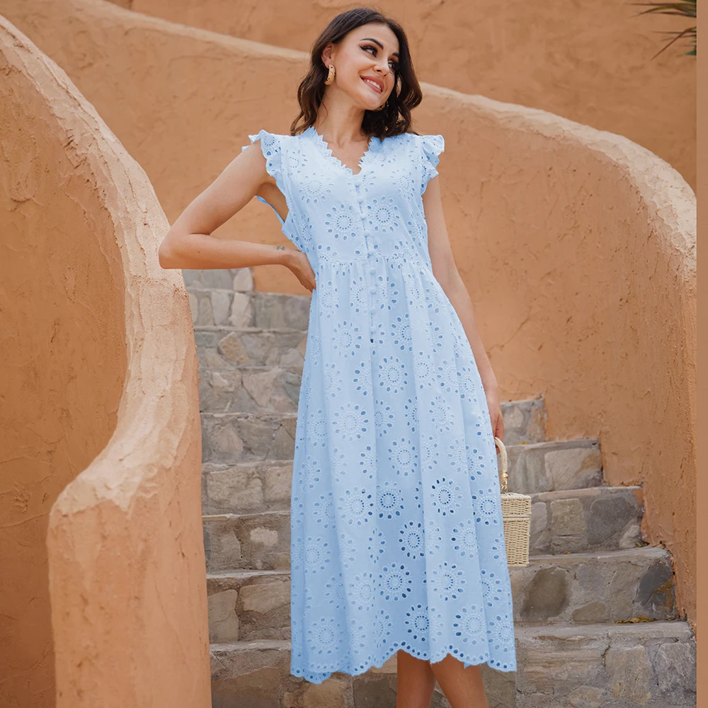 

2022 Fashion Long Simple Casual Solid Hollow Out Pure Cotton Holiday Style High Waist Fashion Mid-Calf Summer Dresses NEW