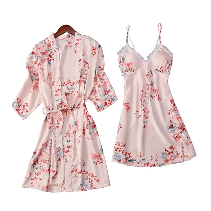

2PCS Bathrobe Sets Sexy Satin Print Nighty Robe Gown Sleepwear Suit Womens Silky Lingerie Chest Pads Spring Casual Nightwear