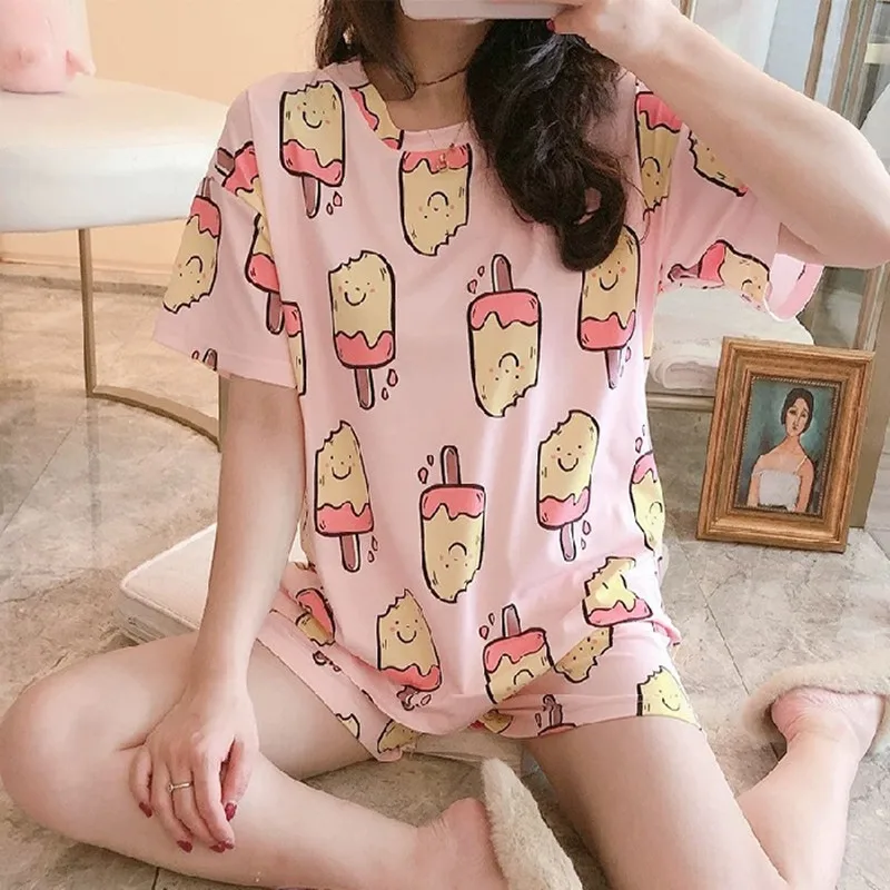 Girls Pajamas short Sleeve Summer Cotton Cartoon Ice Cream 2pc Pajama Sets Tops Shorts Loose Sleepwe