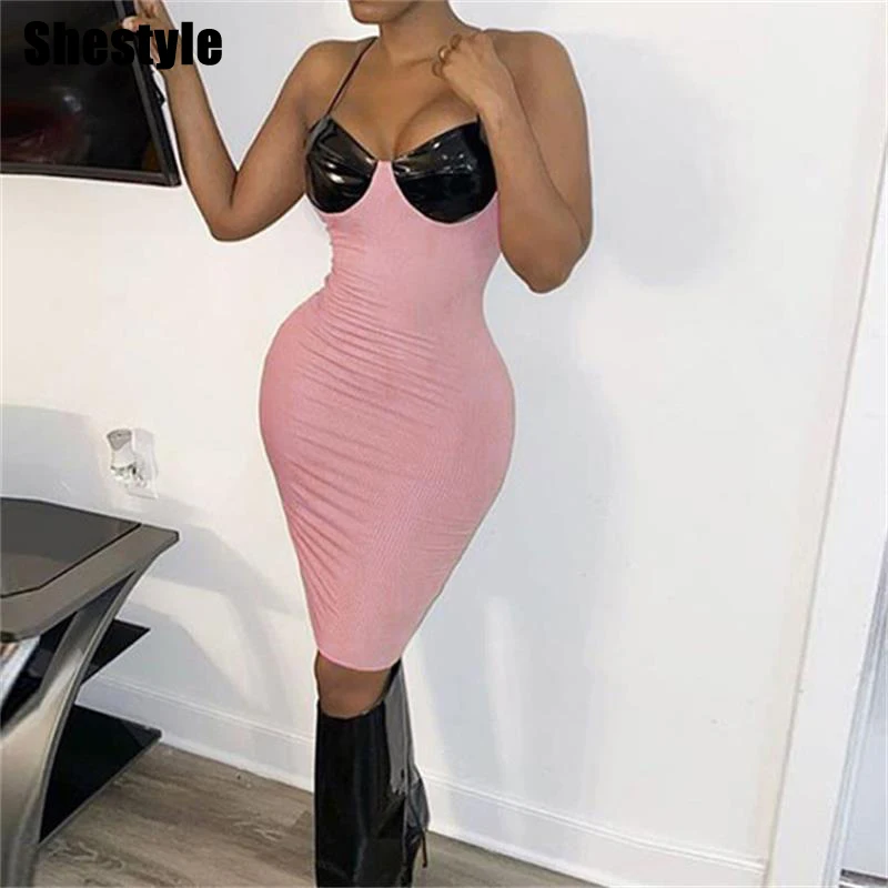 Женское облегающее розовое платье Shestyle из искусственной кожи в рубчик с v