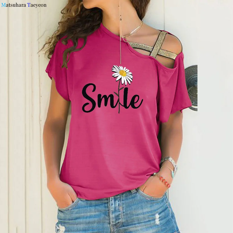 

New Summer T-Shirt Woman Plus Size 5XL Cotton Cute Flower Smile Letter Print Female Short Sleeve Tshirts Casual Fashion Tops Tee