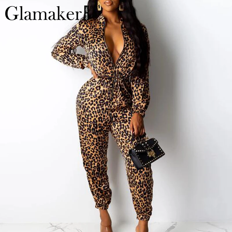 Женский трикотажный комбинезон Glamaker леопардовый на молнии с длинным рукавом и
