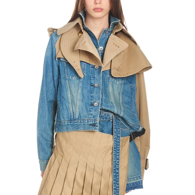 Женская джинсовая куртка с цветным блоком ассиметричная контрастная женская 2019