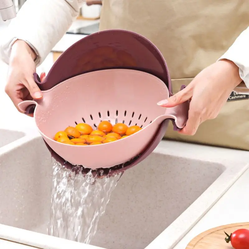 

449C Kitchen Double Drain Basket Bowl Rice Washing Colander Strainer Vegetables Fruit Storage Holder