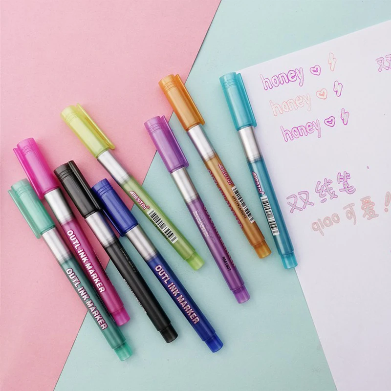 8 Colors Metallic Double Lines Art Markers Pen Out Line Drawing Pens for Calligraphy Lettering Color Scrapbooking Stationery | Канцтовары