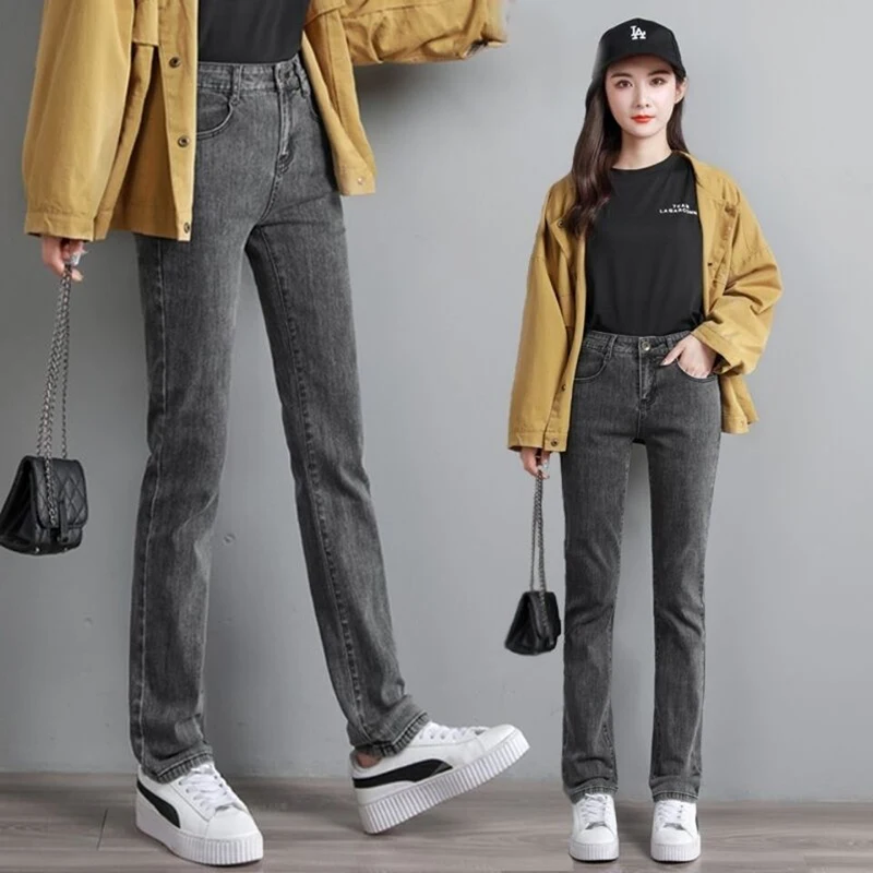 

New Spring High Waist Gray Skinny Stretch Denim Pants Women Korean Style Oversize 34 Jeans Female Causal Straight Denim Trousers