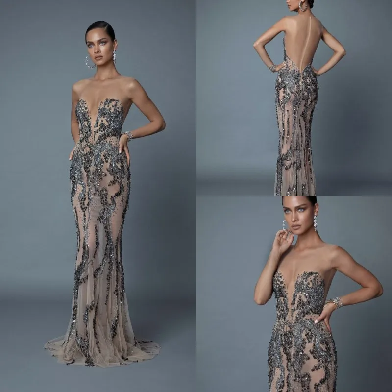 

2020 Mermaid Evening Dresses Jewel Sleeveless Lace Appliques Sequins Special Occasion Gowns Zipper Back Sweep Train Prom Dress