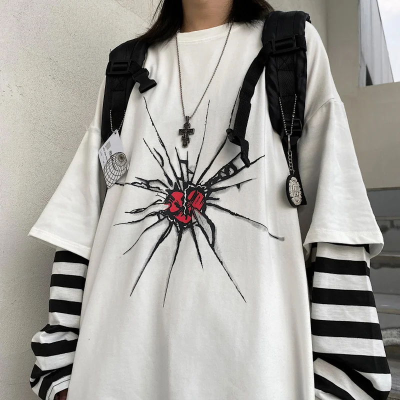 

KOSAHIKI Streetwear Fashion Print Fake Two Piece Women Tops Long Sleeve Patchwork Striped T Shirt Harajuku Casual Loose Tshirt