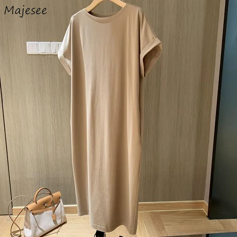 

Short Sleeve Dress Women Minimalist Solid Soft All-match Korean Style Mid-calf Summer Female Preppy Fashion Casual Hot Ins New