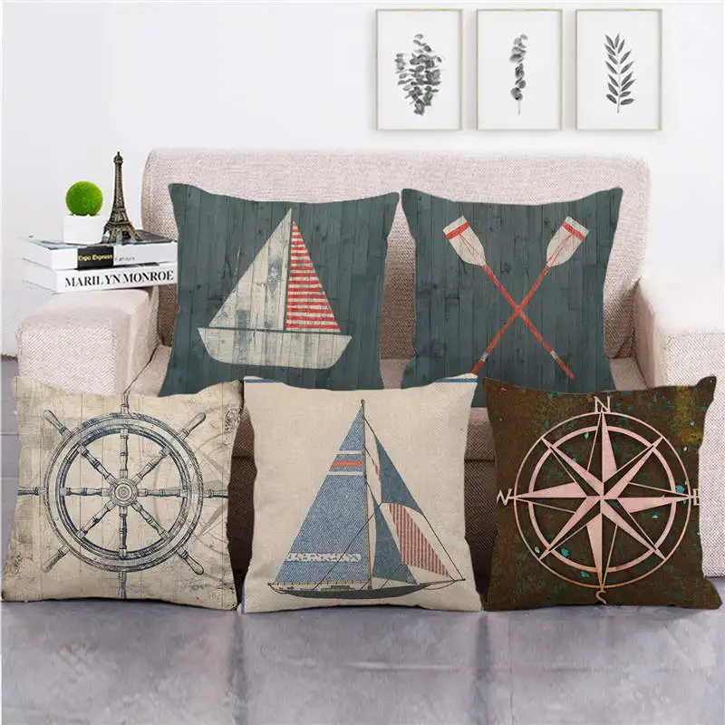 

45cm*45cm Cartoon Sailboat Retro Nautical Drawing Linen/cotton Throw Pillow Covers Couch Cushion Cover Home Decor Pillowcase