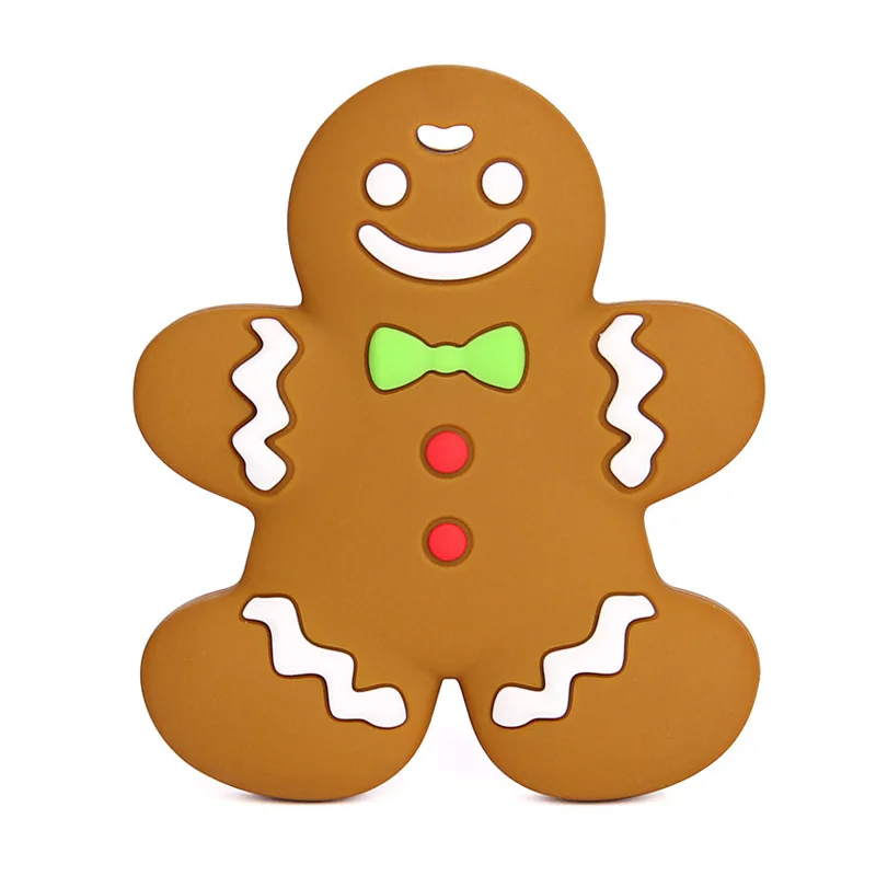 Gingerbread Man Детские Силиконовые Прорезыватели, BPA бесплатно, Прорезыватель для зубов, игрушка для рождественской елки, Санта-Клауса, снежинки, Детские Прорезыватели, силиконовые бусины, сделай сам, цепочка - Цвет: Gingerbread Man