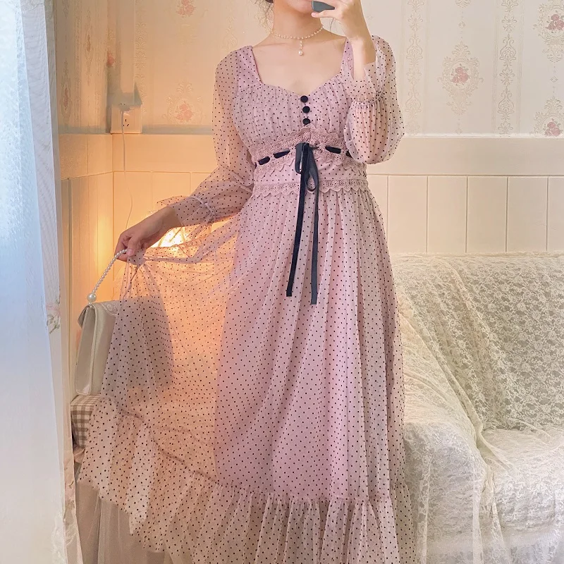 

Patchwork Elegant Party Midi Dress Women Pink Lace Chiffon Fairy Dress Female High Street Casual Puff Sleeve Dress 2021 Summer