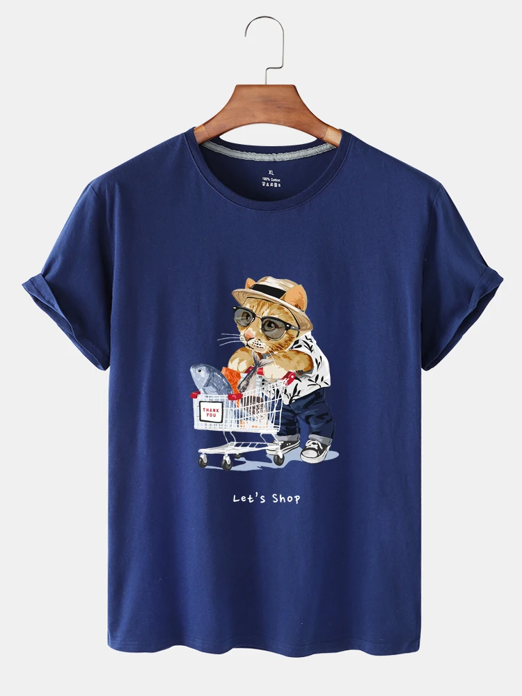 

100% Cotton Shopping Cat Casual O-neck Loose Top Short-sleeved T-shirt Women's Summer Plus Size T-shirt Men's And Women's Tops