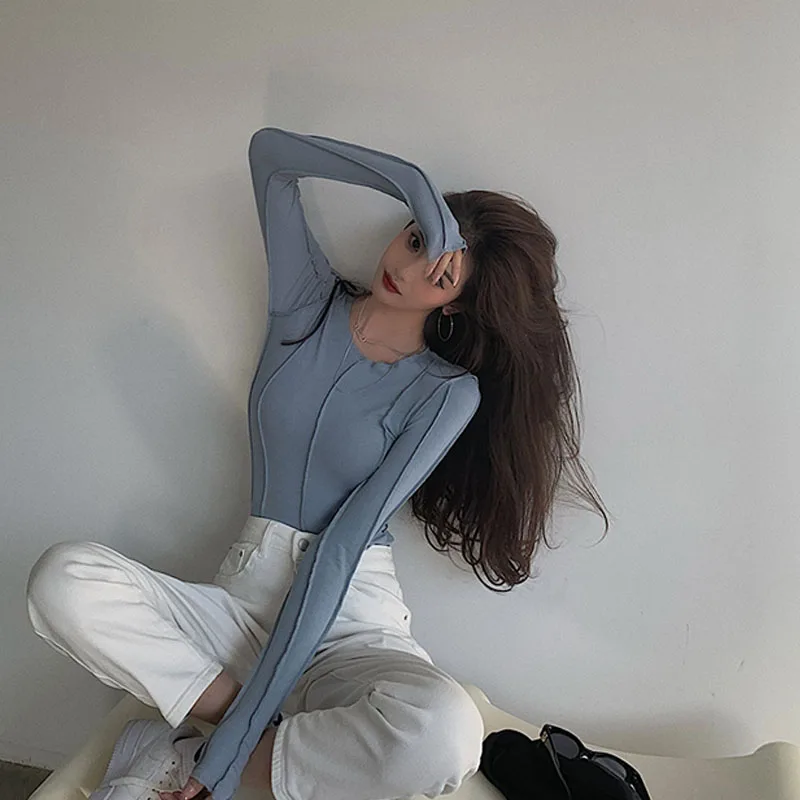 

Fashion Autumn T-Shirts Solid Color O-Neck Long Sleeve Slim Harajuku Streetwear 2020 New Women Bottoming Long Sleeve Tees