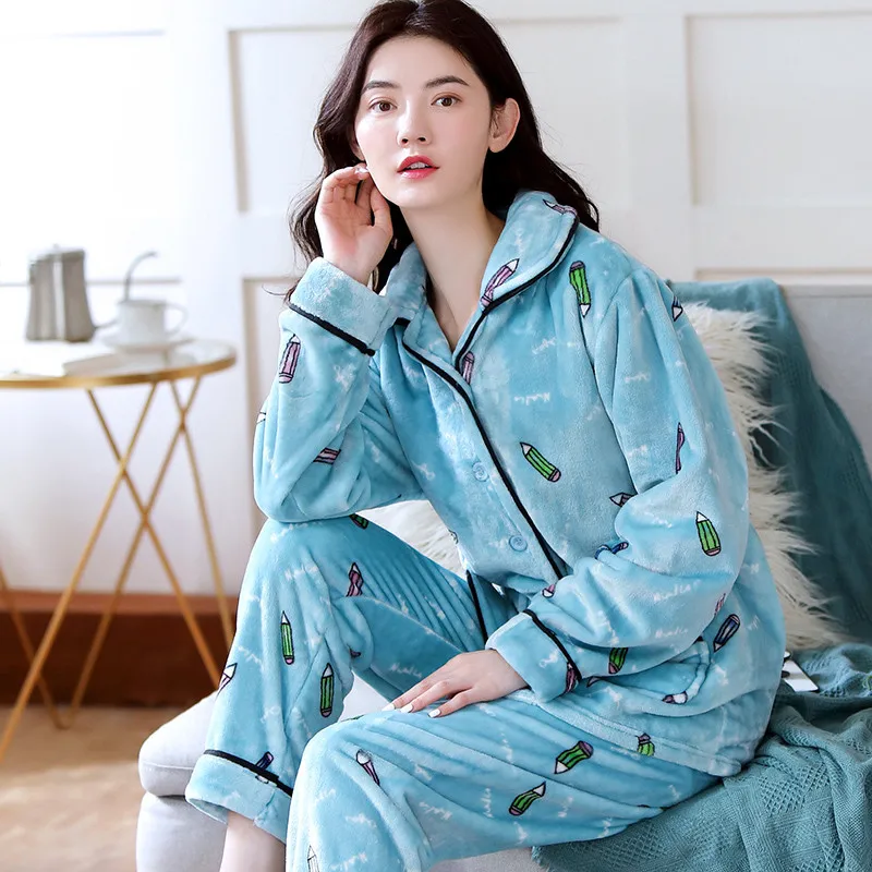 

Girls Long Sleeve Pajamas Suit Female Flannel Warm Housewear Women Thickened Coral Fleece Pajamas Sleepwear Long Sleeve Pant Set