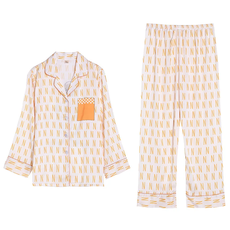 

Women New Pajamas Set Letter Printed 2PCS Sleepwear Satin Silky Sleep Set Female Loose Pyjamas Suit Long Sleeve Shirt&Pants