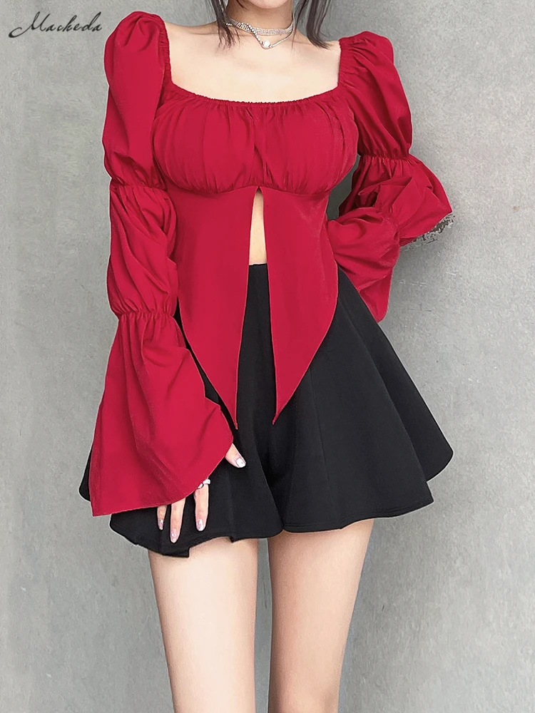 

Macheda Spring Low square collar crop top dovetail cut red fashion women's top loose flared sleeves fashion trend women's wear