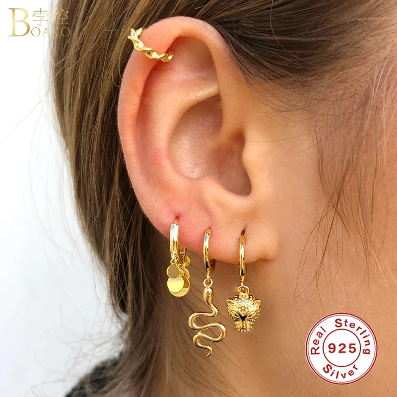 

Boako 100% S925 Sterling Silver Drop Earrings for Women Personality Animal Snake/Leopard Head/Star Earrings Exquisite Jewelry