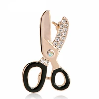 cute scissors rhinestone brooch female occupational corsage black enamel gold olor suit collar clips hijab pin up brooches