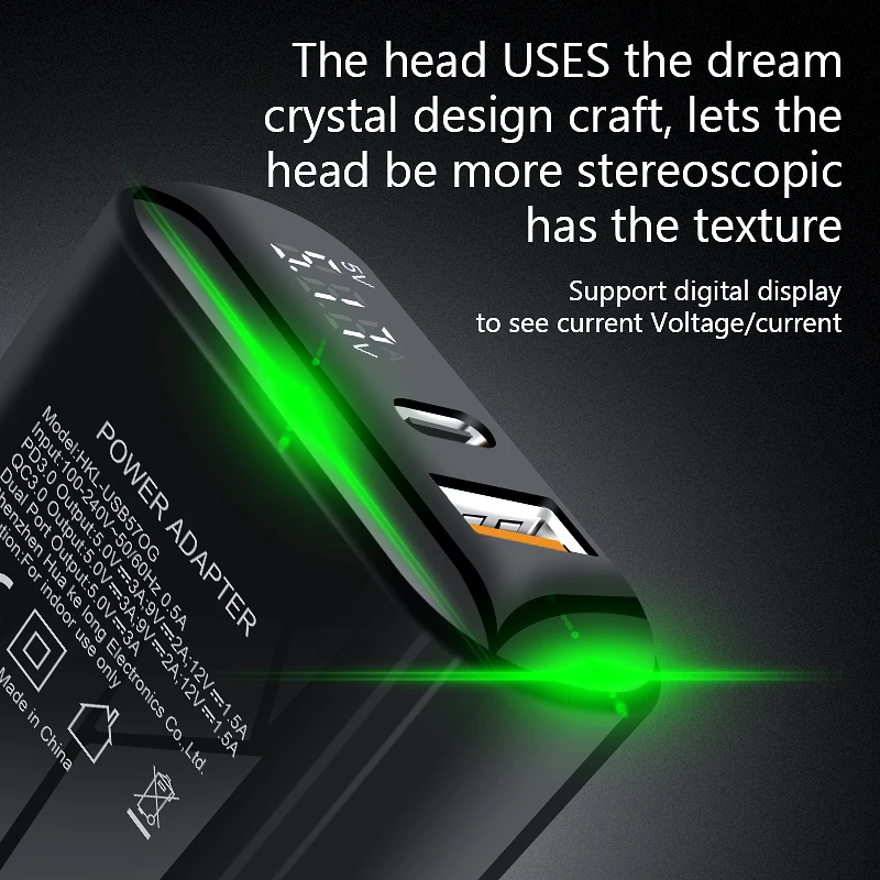 VVKing USB зарядное устройство 18 Вт PD Быстрая зарядка usb type C HD Smart display EU разъем для iPhone