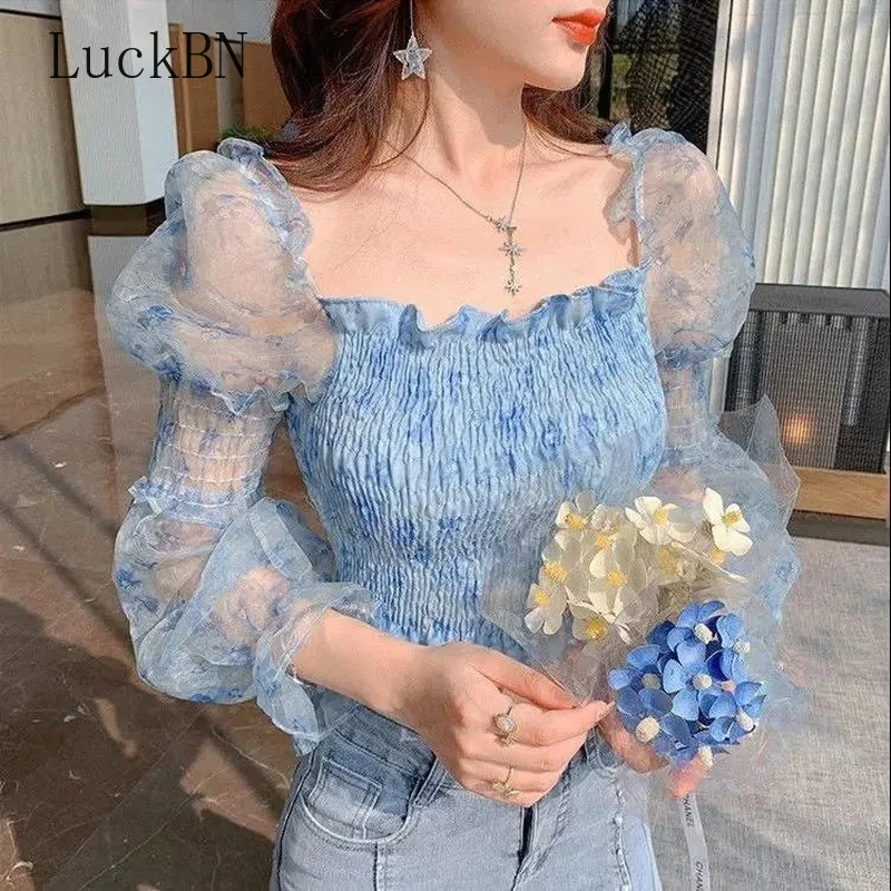 

Women Blouse 2021 New Summer Sweet and Fresh Floral Square Neck Chiffon Shirts Off Shoulder Puff Sleeve Gauze Tops Blusas Sexy